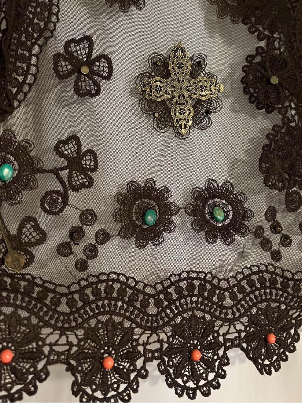 Brown Lace Vest with Turquoise and Coral accents / beads